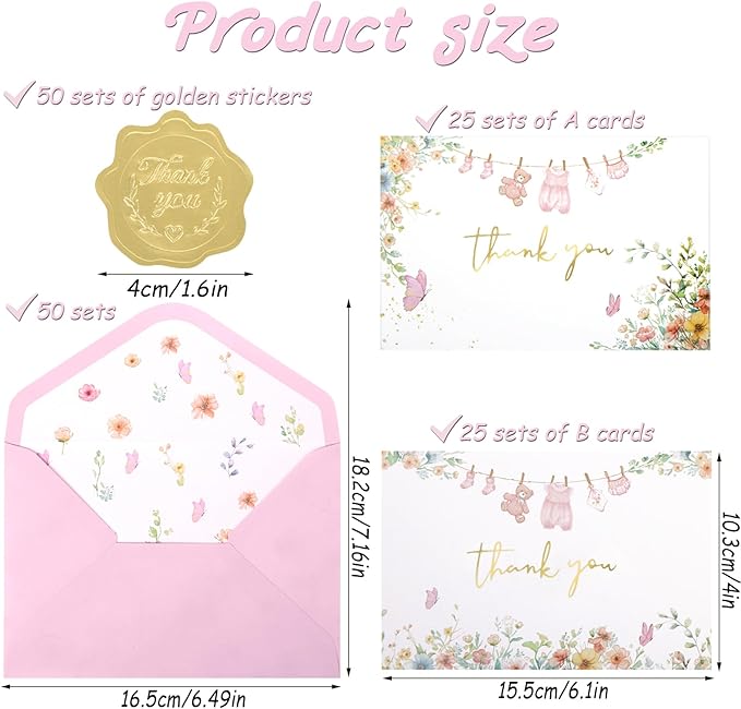 50 Pack Pink Baby Shower Thank You Cards Shower Pink Gold Foil Greeting Card with Envelopes And Stickers Set Bulk for Baby Shower Birthday Party (Pink Gold)