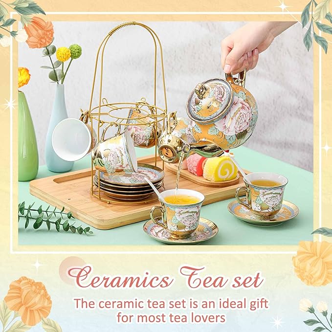 Zhehao 20 Pcs Porcelain Tea Set with Metal Holder and Spoon Adult Ceramic Tea Set European Flower Painting Teapot Cup Saucer Spoon for Women, Large Version(Classic Style)