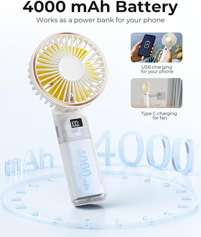 Portable Handheld Fan, Portable Fan Rechargeable, 4000mAh, 180° Adjustable, 6 Speed Wind, Display Electricity in Real Time, USB Rechargeable Foldable F an, Quiet Personal Fan with Power Bank