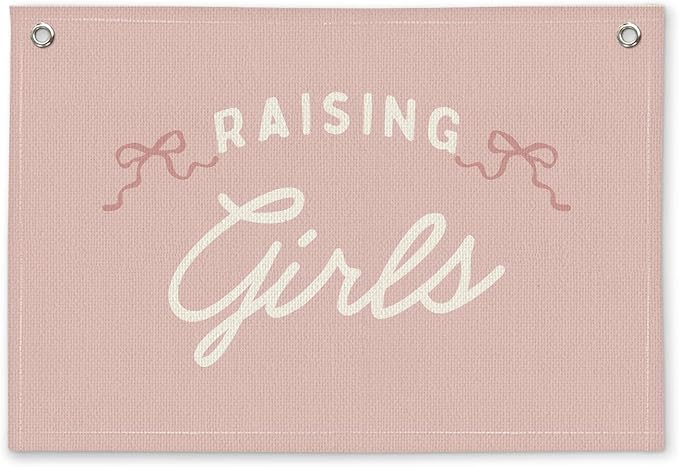 Coquette Pink Bow Raising Girls Preppy Room Decor - Linen Banner Wall Hanging Canvas Banner Flag Decor for Girly Nursery Toddler Playroom Bedroom Dorm Apartment