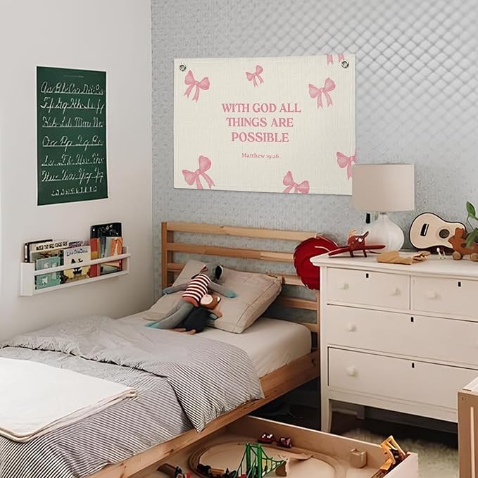 Christian Wall Art "With God All Things Are Possible" 20x30 Inch - Pink Coquette Bow Banner, Girls Bedroom Decor, Linen Bible Verse Hanging, Inspirational Faith Decor, Church Nursery Sign