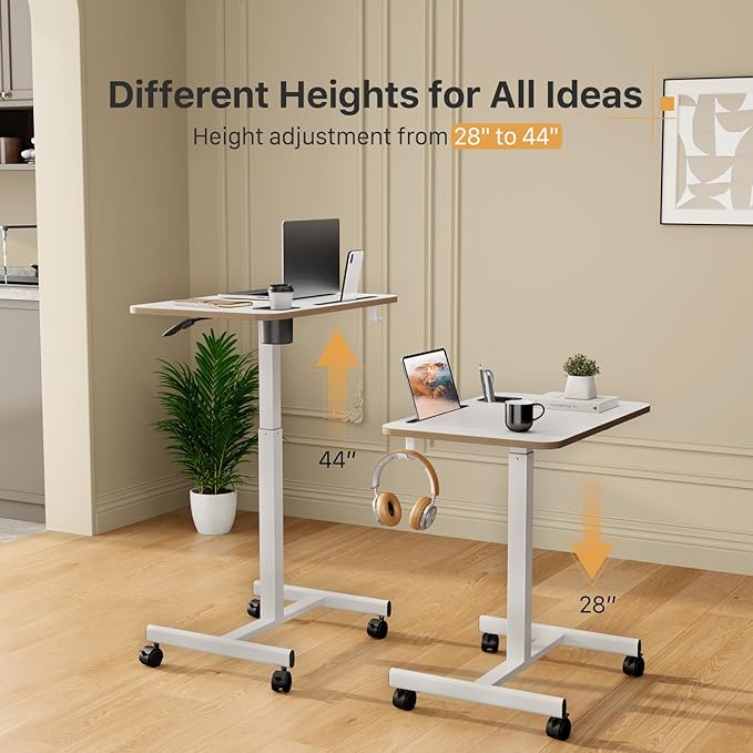 Mobile Standing Desk, Rolling Laptop Cart Adjustable Height with Cup Holder, 28 inch Portable Table with 4 Lockable Wheels, White Computer Workstation with Hook and Slots for Home Office