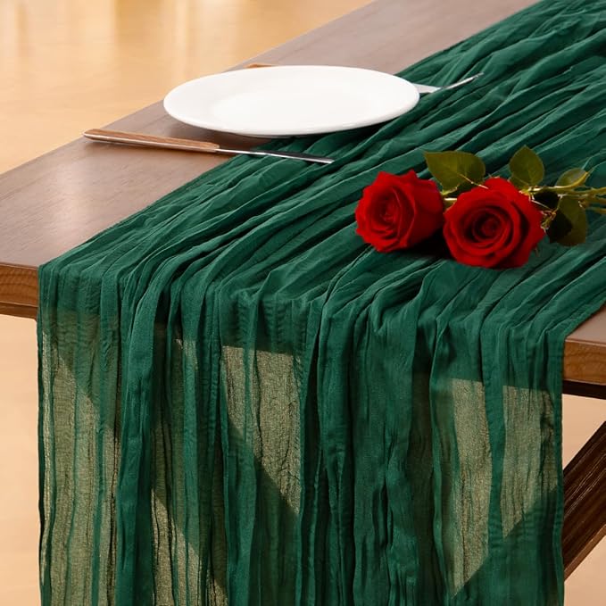 Socomi Emerald Green Cheesecloth Table Runner Valentine's Day Boho Rustic Gauze 120 inch 10FT Cheese Cloth Runner for Wedding Party Baby Shower Birthday Home Decor Holiday Decorations