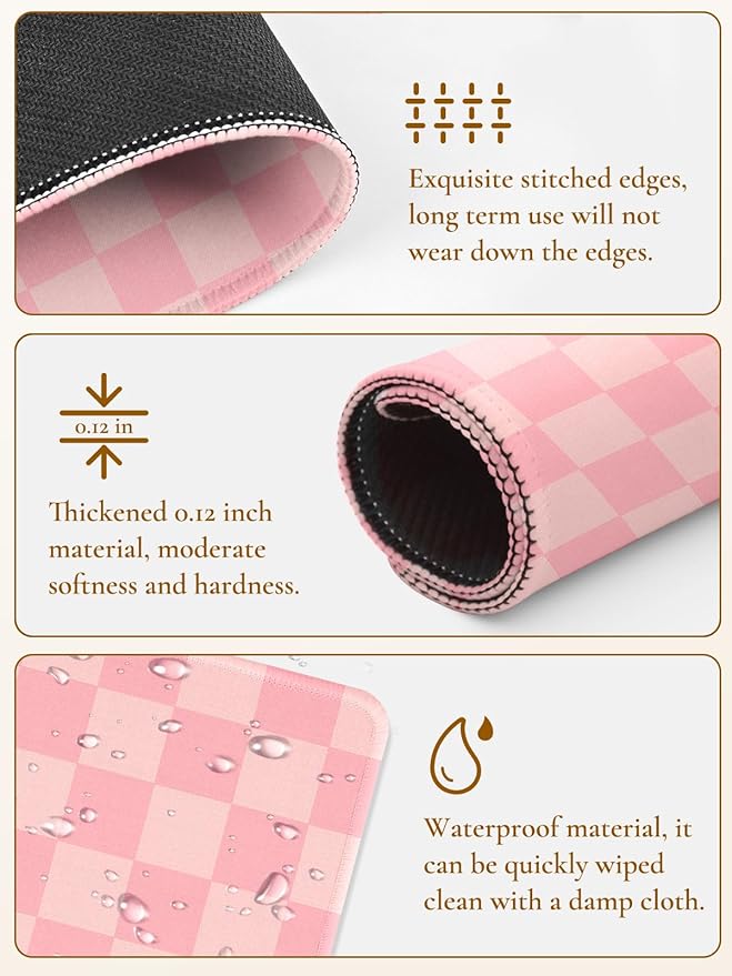 Cute Pink Mouse Pad,Retro Checkered Pattern Mousepad,Square Aesthetic Plaid Waterproof Grid Mouse Mat Design, Non-Slip Rubber Base Computer Funny Boho Small Mouse Pads, Desk Accessories