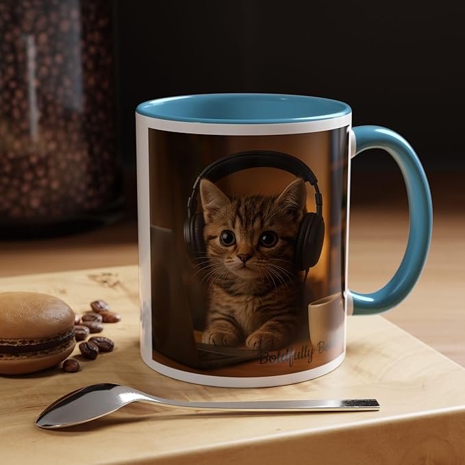 Adorable Cat Coffee Mug, Cute Kitten with Earphones, Pet Lover Gift, Tea Cup, Animal Lover Mug, Coffee Cup