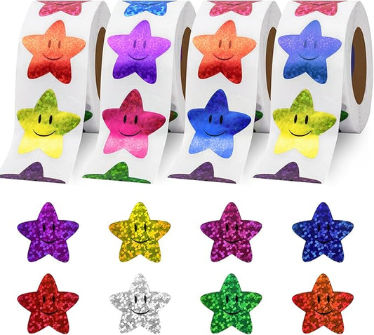 2000 Pcs Smiley Face Star Stickers for Kids, 8 Color Sparkly Foil Stars for Rewards, Self-Adhesive Glitter Stickers for Student Planners, Classroom Supplies & Behavior Incentive (4 Rolls)