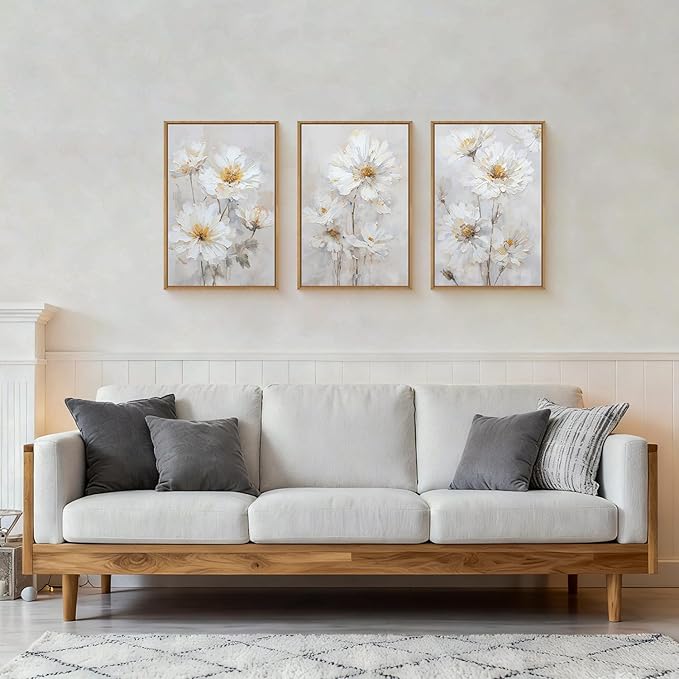 Watercolor White Daisy Flower Framed Canvas Wall Art Set,Natural Beige Botanical Floral Wall Decor,Minimalist Modern Dreamy Wildflower Art Prints for Living Room, Bedroom,Farmhouse- 24"x36"x3