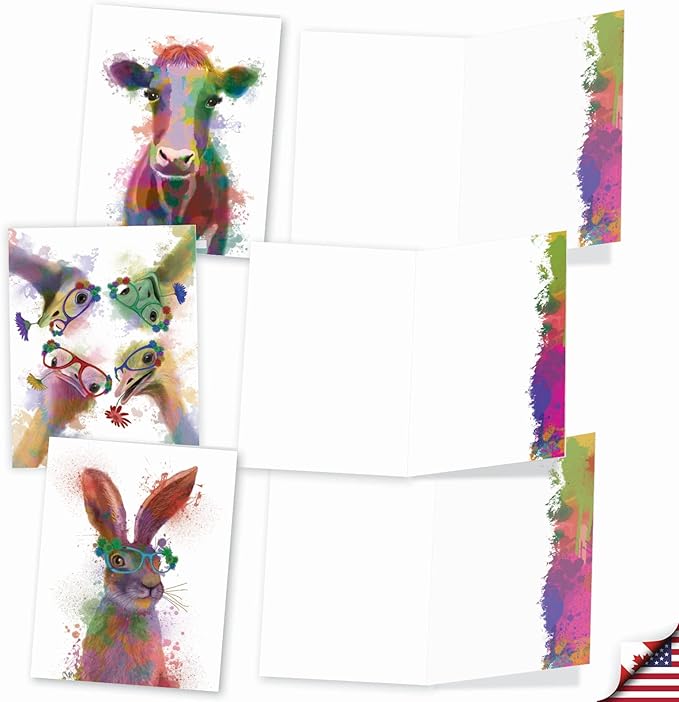 The Best Card Company - 20 Assorted Watercolor Animal Blank Notecards Box Set 4 x 5 In with Envelopes (10 Designs) Camp Note Cards Stationery Set, Funky Rainbow Wildlife AM4948OCB-B2x10