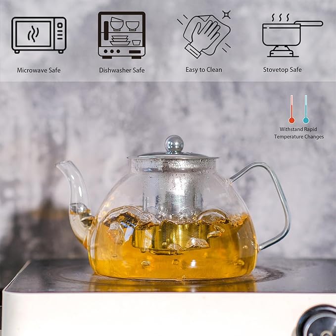 1200ml/40 oz Glass Teapot with 4 Double Wall Teacups and Removable Stainless Steel Infuser, Tea Sets for Adults, Clear Tea Kettle Stovetop Safe for Loose Leaf and Blooming Tea,Gifts for Christmas