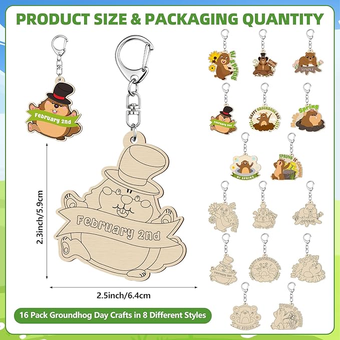 16 Pcs Groundhog Craft Kits Unfinished Crafts Color Your Own Wooden Keychains Happy Groundhog Day Gifts Make Your Own Keychain Animals Themed Party Favors for Birthday Classroom Home DIY Craft