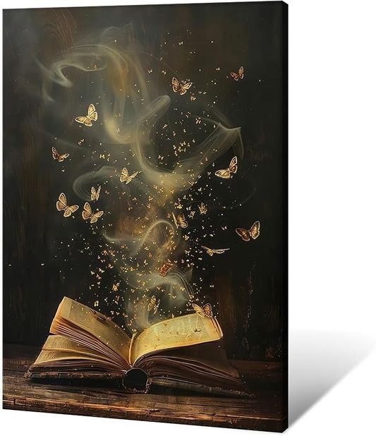 Whimsical Enchanted Open Book Wall Art Vintage Golden Butterflies Aesthetic Poster Print Funny Mystical Smoke Canvas Picture Decor for Office Bedroom Living Room Apartment 20x30inch Framed