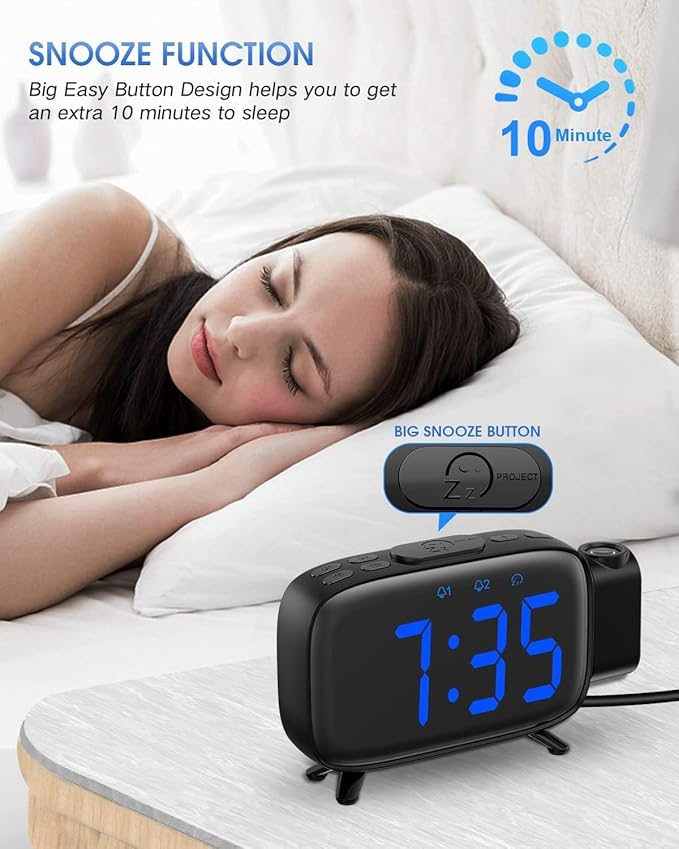 Digital Projection Alarm Clocks for Bedrooms - Large LED Display, 180° Rotatable Projector, 2-Level Dimmer,USB Charger,Battery Backup,Loud Dual Alarms for Kids Elderly,Heavy Sleepers,Snooze,12/24H,DST