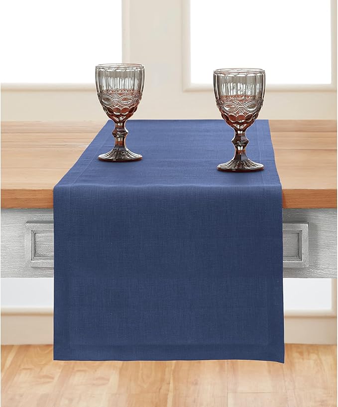 Solino Home Linen Table Runner 48 Inches - 100% Pure Linen Vintage Blue Table Runner 14 x 48 Inch Ideal for Dresser and Coffee Tables - Diana Medium Weight, Winter, Spring