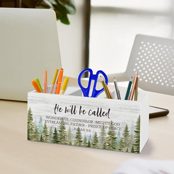 Christian Christmas Pen Pencil Holder Organizer for Desk Accessories, Winter Xmas Tree Bible Verse Scripture Wooden Box Sign Desk Decor for Home Office Decoration, Religious Christmas Decor