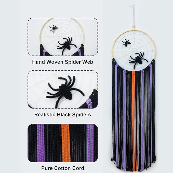 LB Halloween Black Macrame Wall Hanging, Spooky Halloween Wall Art Boho Dream Catcher Orange and Purple Handmade Spider Web Woven Tapestry for Bedroom Living Room Nursery Office Backdrop, 10x32 Inch