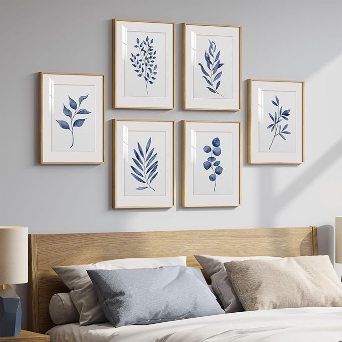 Framed Minimalist Botanical Wall Art, Set of 6 Blue Floral Leaf Painting Prints Artwork for Walls, Navy Blue Flowers Watercolor Plant Pictures for Bedroom Dining Room Hallway Office Home Decor, 11x14