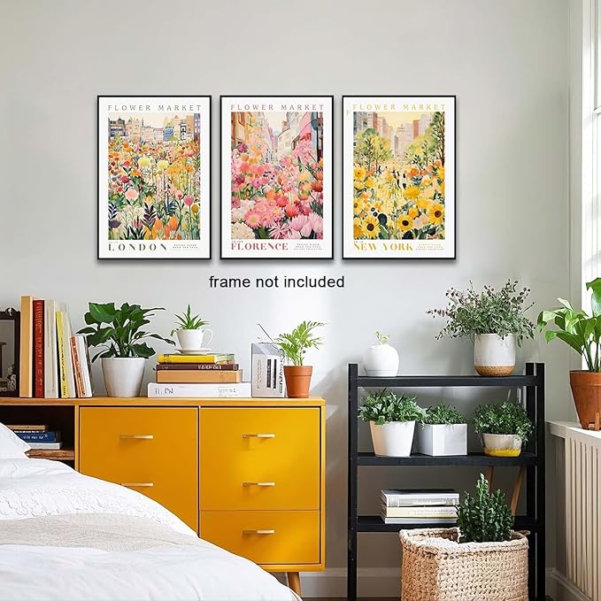 XLARTMY Flower Market Wall Art Print Canvas Yellow Pink Floral Paintings Colorful Botanical Sunflower Artwork Travel Poster for Decor Picture 3 pieces for Living Room Bedroom Bathroom 16x24in Unframed