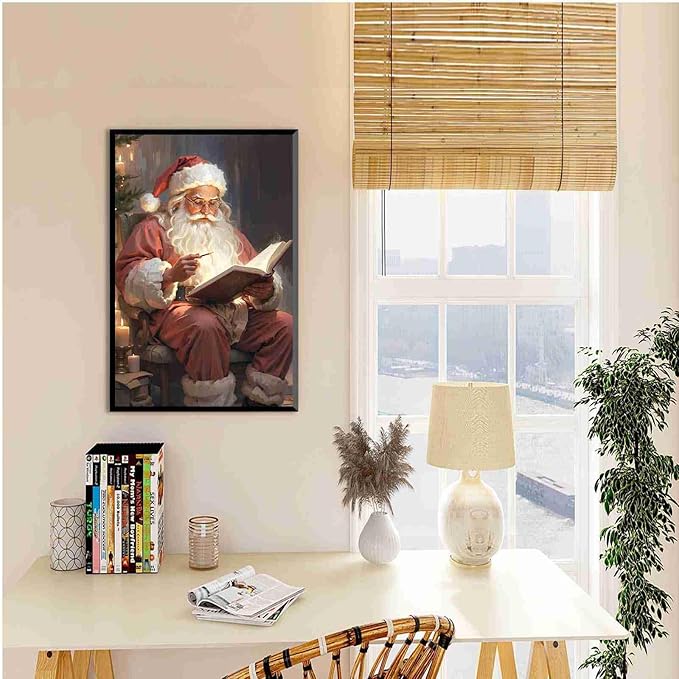 Framed Canvas Wall Art Vintage Christmas Wall Art Santa Writing Book Oil Painting Cottagecore Decor Academia Christmas Decor Winter Print 20x30in Metal blackFramed