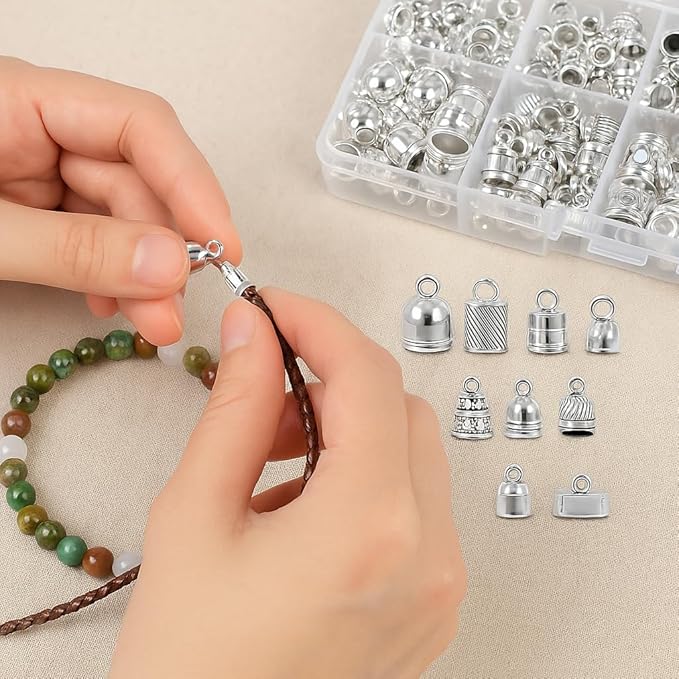 Mandala Crafts Silver Tone Leather Cord End Caps for Jewelry Making, Tassel Caps, 4mm to 9mm 90 PCs Barrel Cord Ends, Kumihimo Supplies and Jewelry Findings