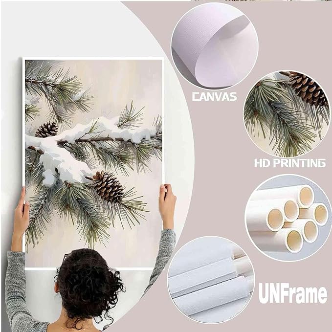 Canvas Wall Art Snowy Fir Branch with Pinecones Vintage Winter Botanical Art Rustic Cottagecore Nature Decor Christmas Wall Print 20x30in-UnFramed