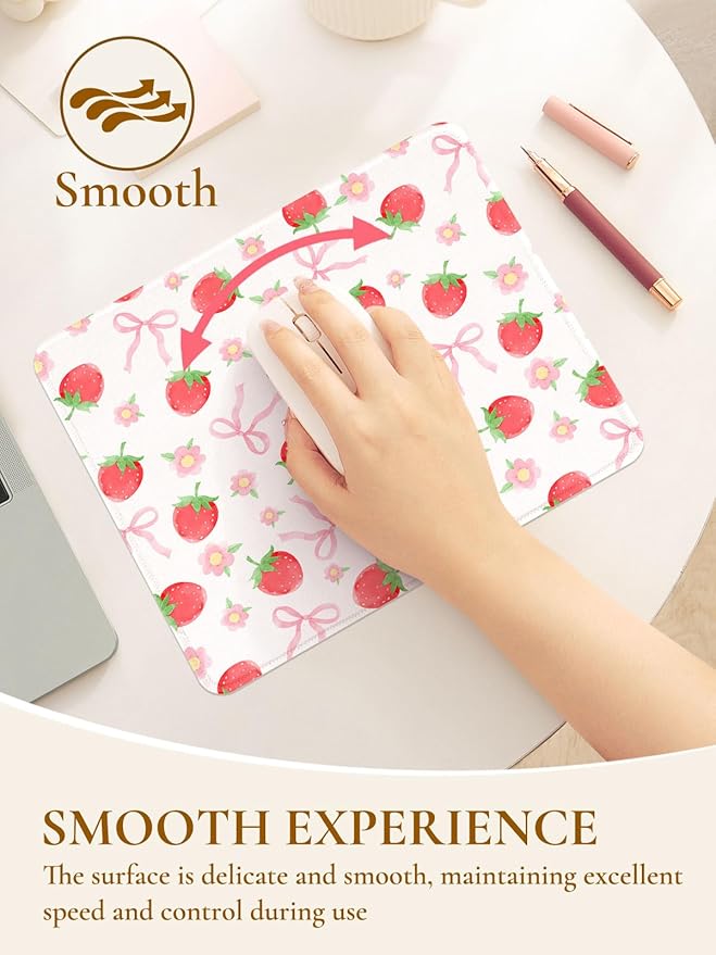 Cute Pink Mouse Pad,Waterproof Aesthetics Bowsknot Mouse Pads Design, Non-Slip Rubber Base Computer Simple Funny Mousepad,Small Mouse Mat Desk Accessories Office Supplies,Red Strawberry Bow