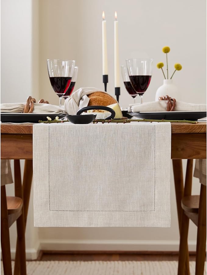 Solino Home Linen Table Runner 108 Inches Long - Classic Hemstitch 100% Pure Linen Light Natural Dining Table Runner 14 x 108 Inch for Spring, Easter