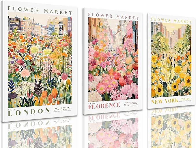 XLARTMY Flower Market Wall Art Print Canvas Framed Yellow Pink Floral Paintings Colorful Botanical Sunflower Artwork Travel Poster for Decor Picture 3 pieces for Living Room Bedroom Bathroom 16x24in