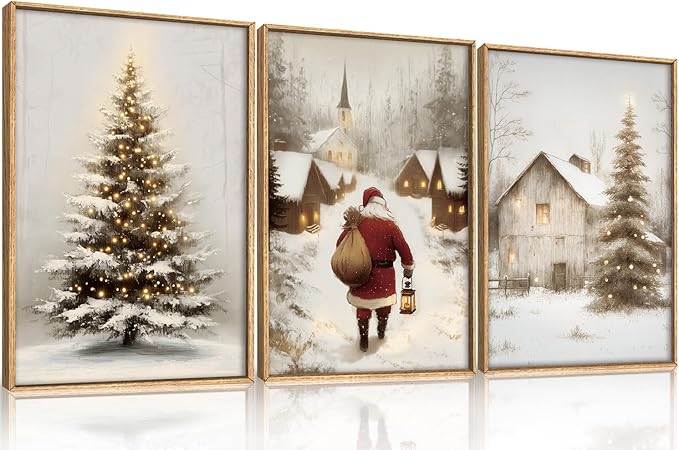 KAIRNE 3 Piece Christmas Wall Art Set, Christmas Pine Trees Landscape Canvas Art Prints, Santa Claus Snowy Village Scenes Artwork, Xmas Eve Decor for Living Room Bedroom Winter Home Decor 16×24 inch