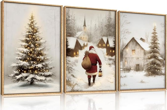 KAIRNE 3 Piece Christmas Wall Art Set, Christmas Pine Trees Landscape Canvas Art Prints, Santa Claus Snowy Village Scenes Artwork, Xmas Eve Decor for Living Room Bedroom Winter Home Decor 16×24 inch