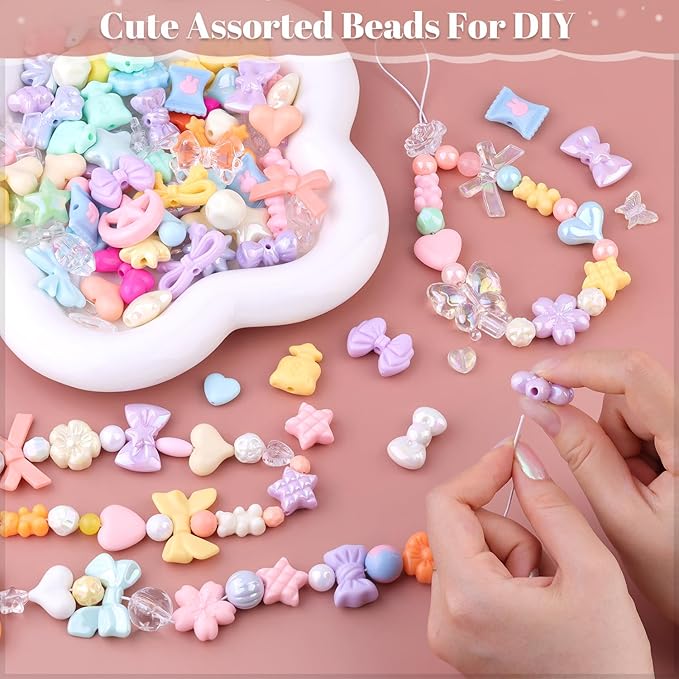 200-260PCS TINKRSTUFF Assorted Acrylic Beads Macaroon Cute Beads for Bracelet Making, Bow Flower Butterfly GummyBear Kawaii Charms, Aesthetic Bead for Necklace Keychain Jewelry Making DIY Phone Charm
