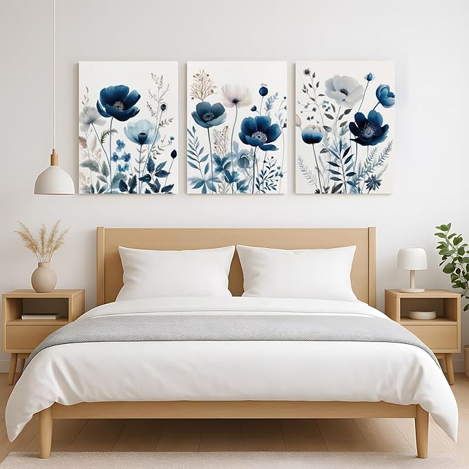 LLEEMPI Framed Navy Blue Floral Wall Art Set of 3, Modern Wildflower Wall Decor, Watercolor Botanical Canvas Paintings, Classic Minimalist Poster Prints for Bedroom Bathroom Office 12x16 Inch
