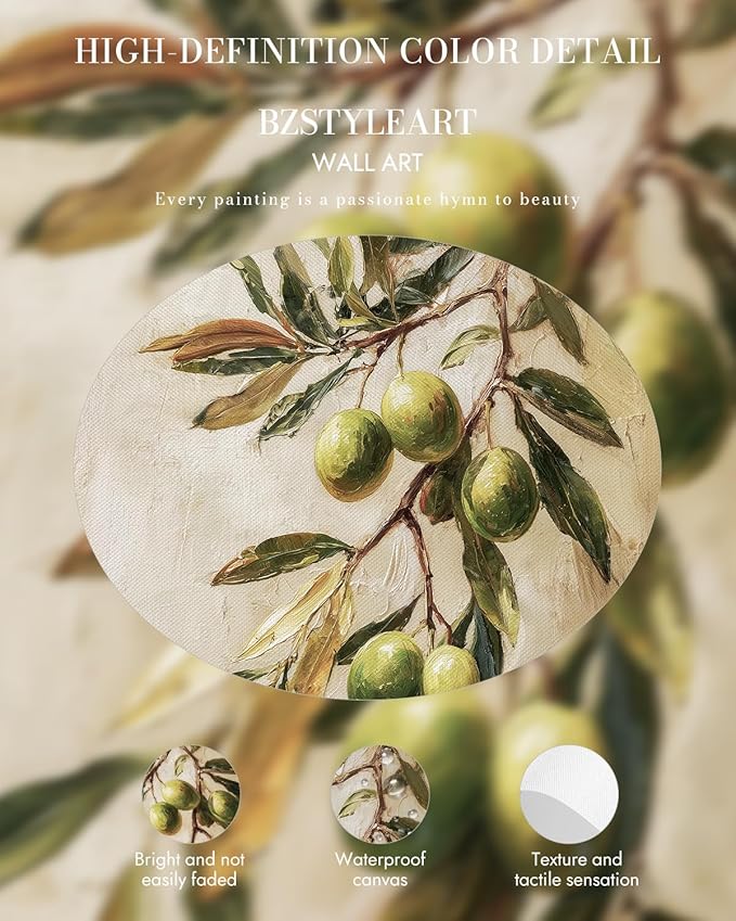 Bzstyleart Vintage Wall Art Decor for Bedroom,Oil Painting Olive Branch Botanical Wall Art,Vintage Botanical Painting,Room Decor Aesthetic for Kitchen,Christmas Gifts 12 x 16 Inch