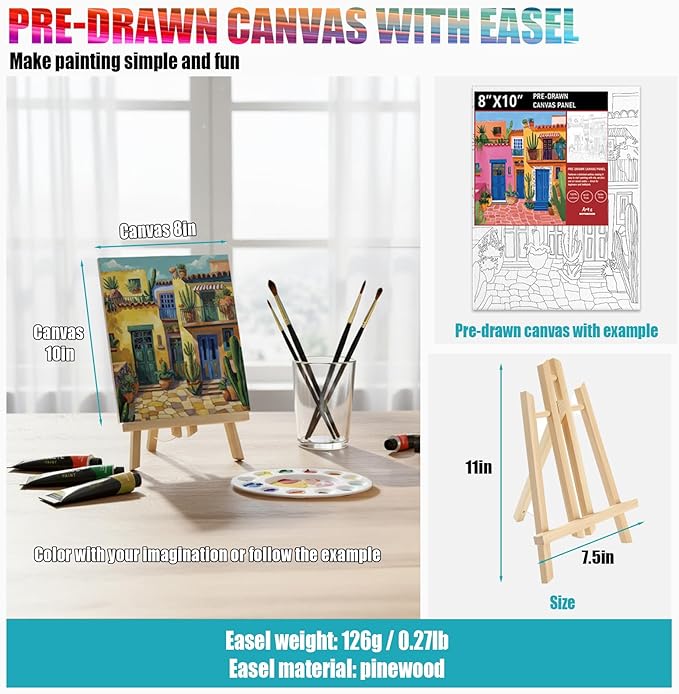 4 Pack Painting Set for Adults or Family Groups, 124 PCS Paint Sets with 4 Table Easels,48 Acrylic Paints,12 Pre-Drawn & Blank Canvases for Painting,48 Brushes,4 Pencils,4 Palettes and Painting Guides