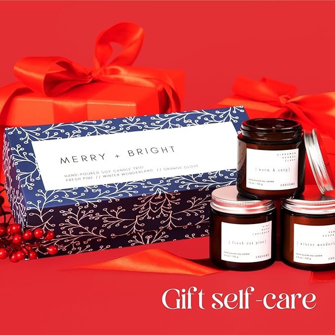 Unboxme Gifts 3-Pack Aromatherapy Scented Candle Gift Set – Hand-Poured Soy Wax Candles with Essential Oils in Reusable Glass Jars – Relaxation & Gift-Ready Candle Set – Merry + Bright Set