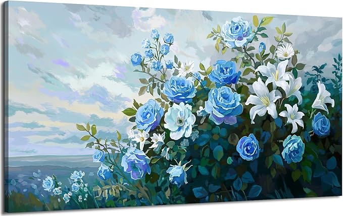 Nicetop Large Floral Canvas Wall Art - Modern Botanical Artwork Abstract Blue Rose White Lily Flower Bouquet Art Prints on Wrapped Canvas Nature Picture for Living Room Bedroom Home Decor 48x24 Inch