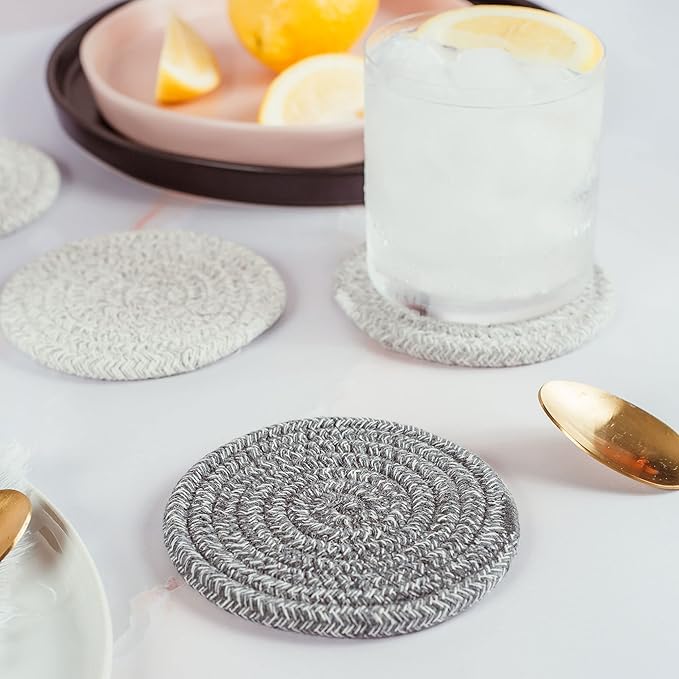 OrganiHaus Drink Coasters Set of 6, Absorbent Cotton Woven Cup Coasters, Rustic Farmhouse Boho Decor for Coffee Table and Drinks Protection, Cute Coaster for Drinks, Coaster for Office Desk - Gray