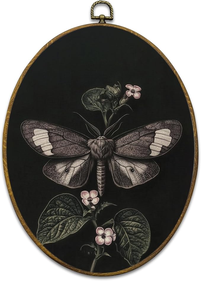 Mcehtle Vintage Butterfly Wall Art Decor, Moody Moth Botanical Cottagecore Oval Framed Canvas Prints 8.6x11.4, Academia Insect Wall Hanging Artwork Decorations for Gallery Home Bedroom Living Room