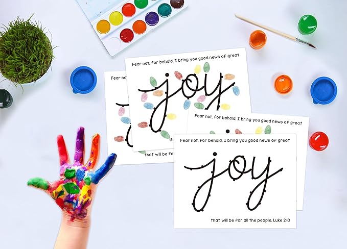 Joy Christmas Fingerprint Art Craft Kit for Family Activities, 10 Pcs Christmas Crafts Bulk DIY Handprint Card Making, Funny Finger Paint Keepsake Gift for Mom Dad Grandma Grandpa