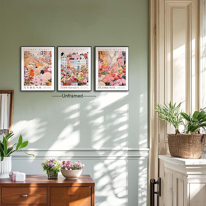 XLARTMY Flower Market Wall Art Prints Canvas Pink Floral Paintings Colorful Botanical Sunflower Artwork Travel Posters for Home Decor Pictures Set of 3 for Living Room Bedroom 12x16in Unframed