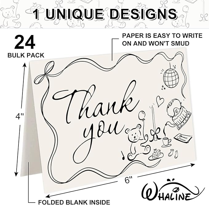 Whaline 24 Pack Baby Shower Thank You Cards Greeting Card with Envelope Sticker Black Bear Cake Greeting Blank Note Cards for Birthday Gender Reveal