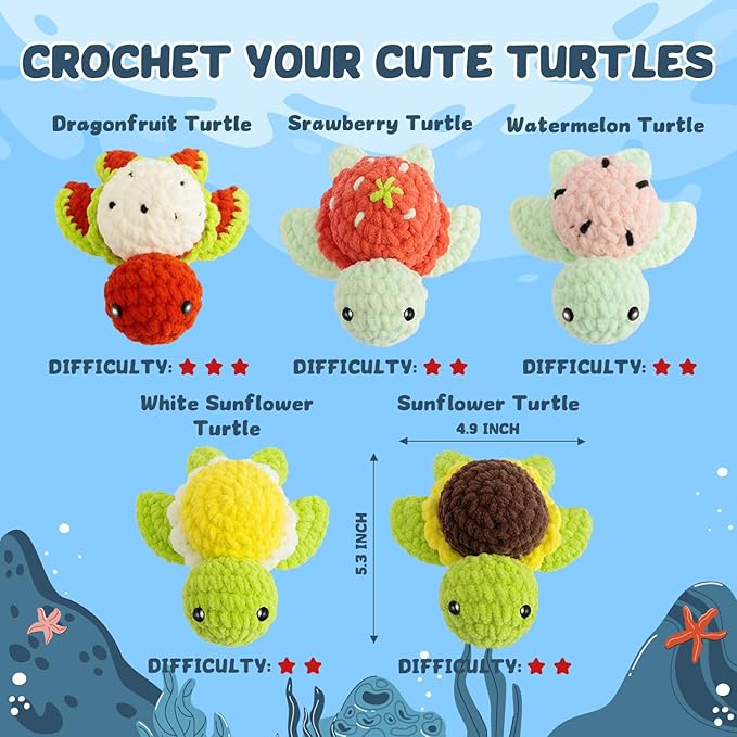 POP COCHE Crochet Kit for Beginners, Crochet Starter Kits for Adults, Amigurumi Craft Knitting Crochet Animal Kit with Step-by-Step Video Tutorials, 5 Fruite Turtles (40%+ Yarn)