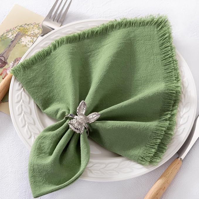 12 Pack Sage Green Cotton Linen Napkins with Fringe Spring Cloth Napkins Set of 12 Boho Handmade Dinner Napkins Bulk for Wedding Bridal Baby Shower Valentine's Day, 17 x 17 Inches