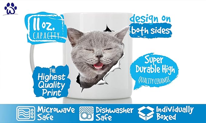 Laughing Grey Cat Coffee Mug - Ceramic Funny Coffee Mug - Perfect Cat Lover Gift - Cute Novelty Coffee Mug Present - Great Birthday or Christmas Surprise for Friend or Coworker, Men and Women (11oz)