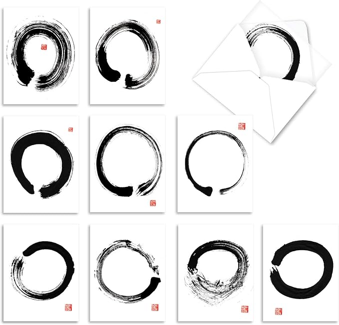 The Best Card Company - 10 Blank Note Cards Assortment for Men and Women (4 x 5.12 Inch) - Zen Patterns and Symbols, Bulk Boxed Set - Zen Circles M9683OCB