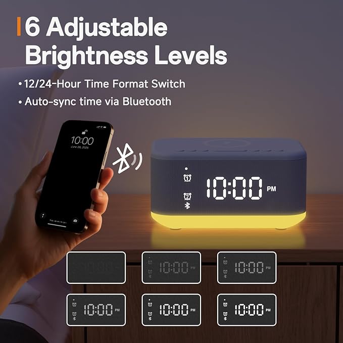 Alarm Clock Speaker Wireless Charger, Digital Alarm Clocks Bedrooms Bluetooth, Alarm Clock Dimmable Light Bedrooms Bluetooth Speaker Dual Alarm Snooze 12/24H Dimmer Support USB AUX, Grey