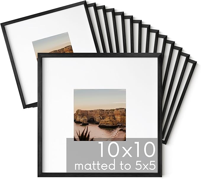 HAUS AND HUES 10x10 Black Metal Picture Frames Matted to 5x5 - Features Premium Aluminum & Hanging Hardware, Shatterproof Plexiglass - Ideal for Home, Room, Office (10x10 in, Black, Set of 15)