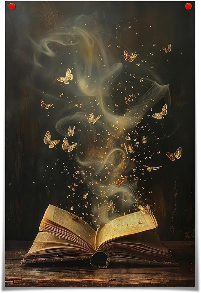 Whimsical Enchanted Open Book Wall Art Vintage Golden Butterflies Aesthetic Poster Print Funny Mystical Smoke Canvas Picture Decor for Office Bedroom Living Room Apartment 16x24inch Unframed