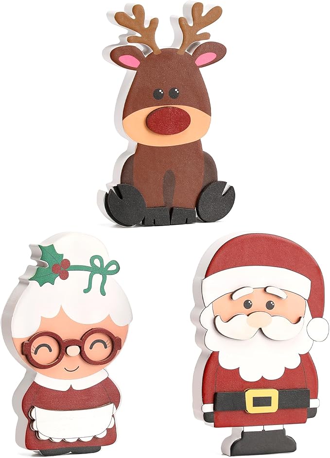 Amorita Wooden Christmas Tiered Tray Decor, 3 Piece Set Santa and Mrs. Claus with Reindeer, Xmas Table Centerpieces -Elegant Santa Christmas Decor for Festive Holiday Table Decorations