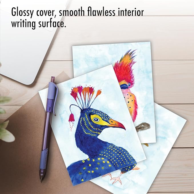 The Best Card Company 20 Assorted Blank Notecards Bulk Box Set 4 x 5.12 Inch with Envelopes (10 Designs, 2 Each) Funky Birds AM11015OCB-B2x10