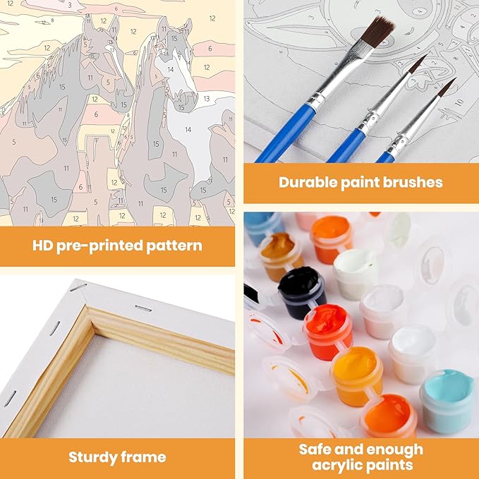 MXJSUA Two Horses Framed Paint by Numbers for Adults Beginners, Easy Adults' Paint-by-Number Kits on Canvas with Easel, Animal Acrylic Number Painting Crafts Kits Gifts for Home Decor, 8x12inch